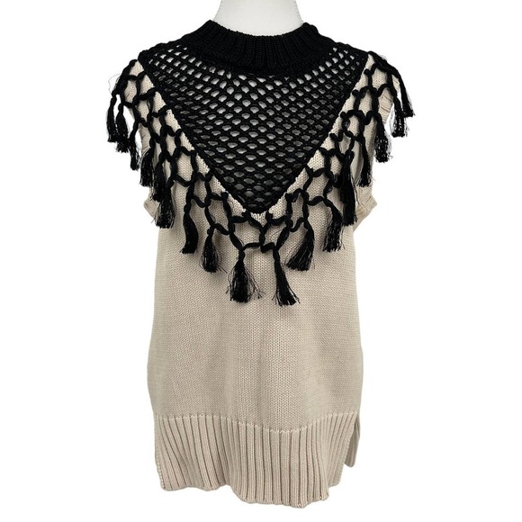 Yigal Azrouel Sweater Sleeveless Crochet Fringe Tassel Neck Cream Black Large - Picture 1 of 6